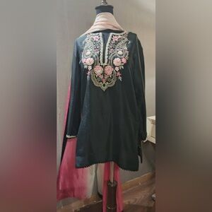 Black Embroidered Floral Farshi Shalwar, Kaamez and dupatta. Raw Silk.
